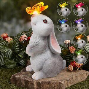Garden Statue Outdoor Decor-Rabbit with Solar Butterfly Changing Lights Garden